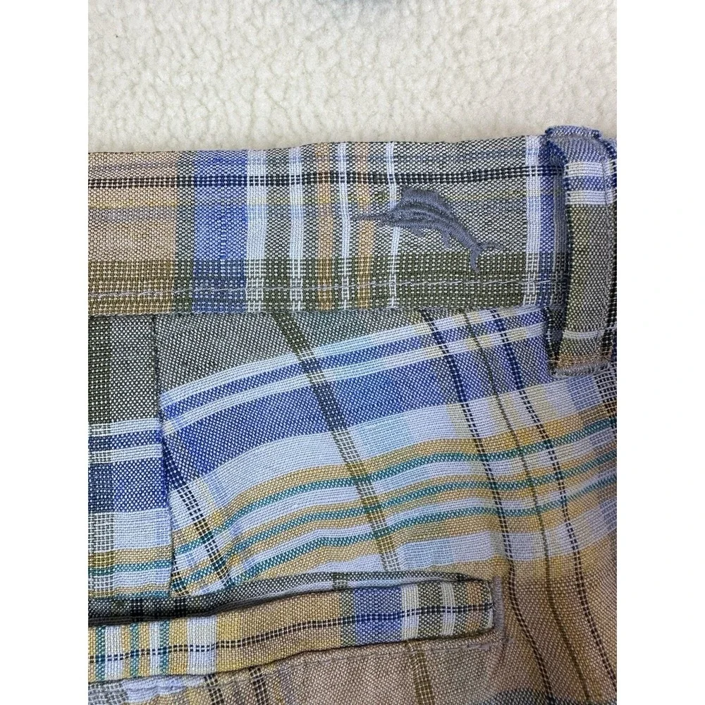 Tommy Bahama Plaid Green Blue Orange Linen Blend Flat Front Shorts Mens Size 34